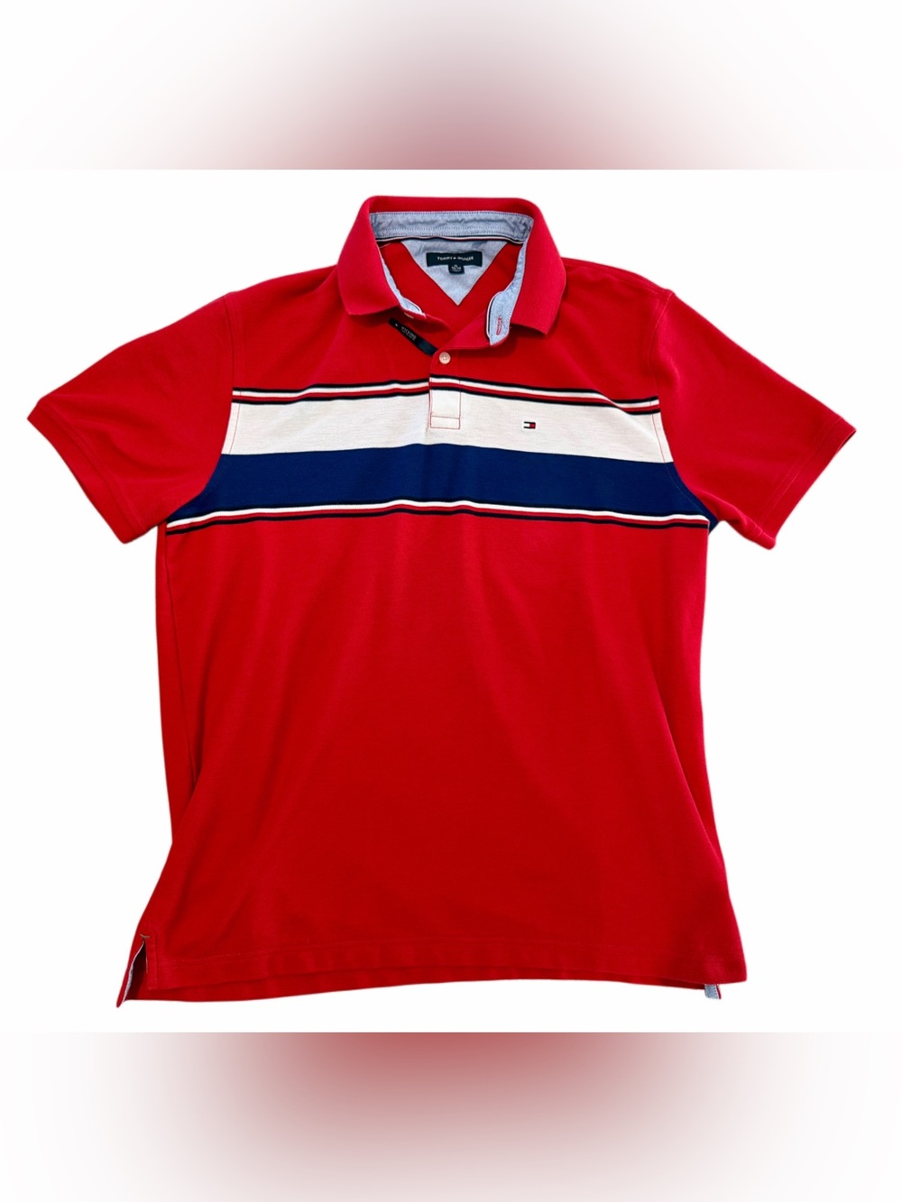 Tommy Hilfiger XL Red White Blue Stripe Polo Shirt Flag Logo Preppy